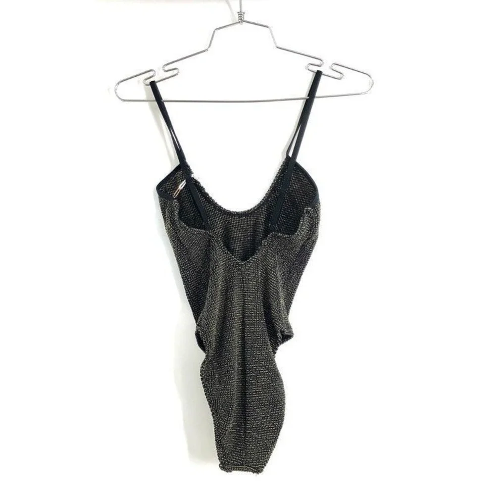 Good American Women's 00/0 Black‎ Gold Metallic Ribbed One‑Piece Swimsuit NWT